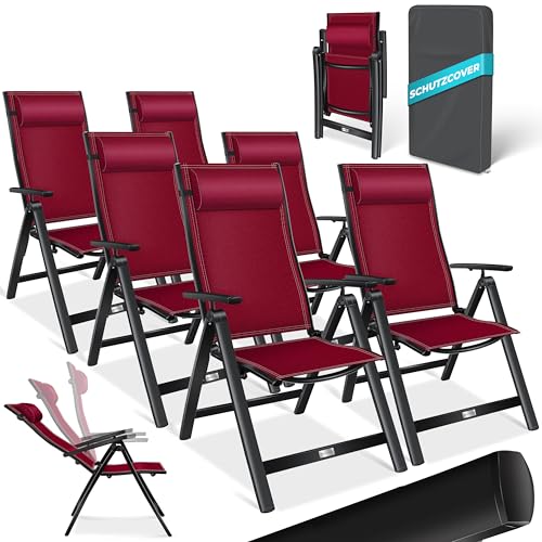 KESSER® Gartenstuhl Hochlehner mit Armlehnen 6er Set Aluminium Klappstuhl mit Kopfkissen & Abdeckung Campingstuhl 7-Fach Verstellbar Rückenlehne Atmungsaktiv Wetterfest Klappbar Anti-Rutsch, Bordeaux von KESSER