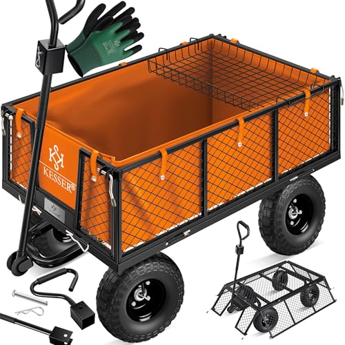 KESSER® Gartenwagen Bollerwagen Transportwagen 700kg belastbar Gartenkarre, inkl. herausnehmbare Plane, Luftreifen Gerätewagen Handwagen vielseitig einsetzbar inkl. Handschuhe + Ablage, Orange von KESSER