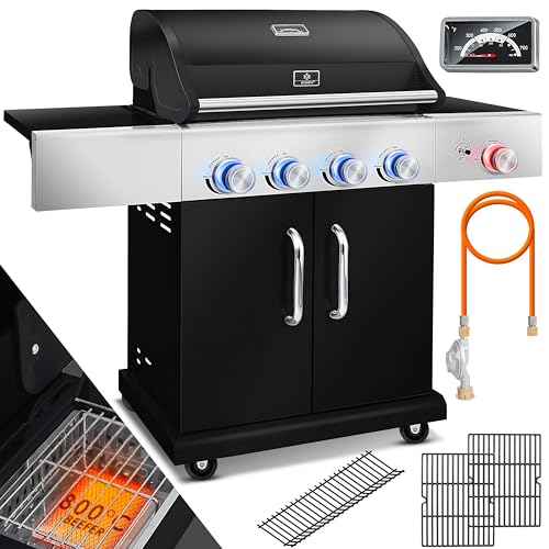 KESSER® Gasgrill mit 4 Brenner + 1x Infrarot Keramik Seitenbrenner & Piezo-Zündung | bis 800°C BBQ Grillwagen aus Edelstahl inkl. Grillrost (66cm) aus Gusseisen, Grillthermometer & Gas-Schlauch von KESSER