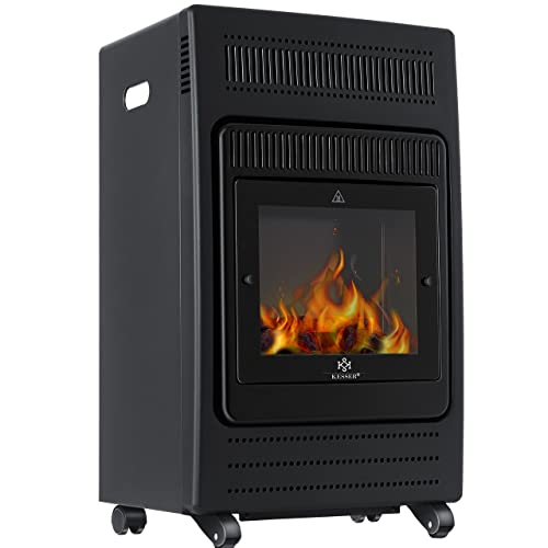 KESSER® Gasheizer Gasheizofen Heizstrahler 3,4 kW Gas Kamin inkl. Gasdruckregler & Gasschlauch, 2 Heizstufen Infrarot 3400W Gasheizstrahler Gasheizung Butan- oder Propangasflaschen bis 11kg Schwarz von KESSER