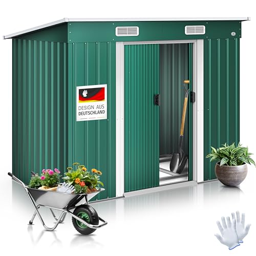 KESSER® - Gerätehaus L Metall 4 m³ mit Fundament | 210x132x186 cm | 2X Schiebetür & Fundament | Geräteschuppen | Gartenhaus Schrank | Pultdach Garten Schuppen, Ink. Arbeitshandschuhe Grün von KESSER