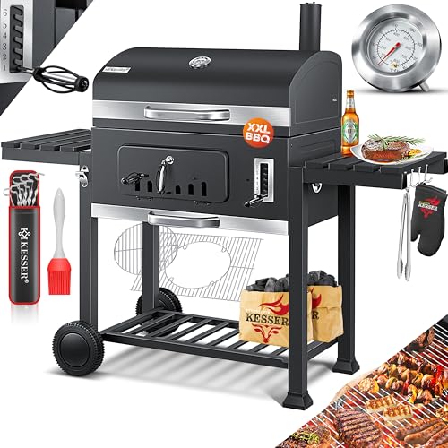 KESSER® Grill Grillwagen XXL Holzkohlegrill mit Deckel, Rädern, Edelstahl-Griff, Grillrost und Thermometer Holzkohle kohlegrill Wagen groß Kohle BBQ Barbeque Camping, Terrasse, Garten von KESSER