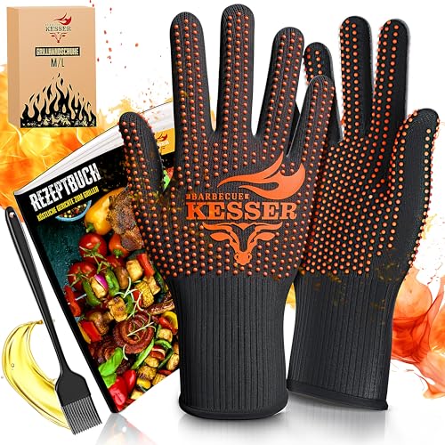 KESSER® Grillhandschuhe hitzebeständig bis 500° XXL | Ofenhandschuhe Atmungsaktiv & mit rutschfestem Griff | Topfhandschuhe aus Aramid-Gewebe | Kamin-Handschuh Maschinenwaschbar | M-L | Orange von KESSER