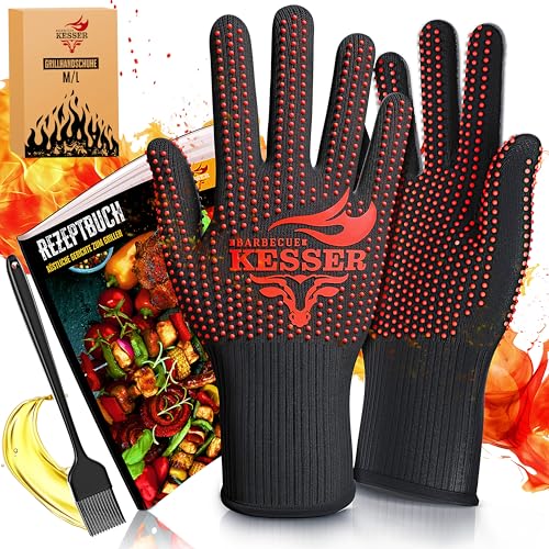 KESSER® Grillhandschuhe hitzebeständig bis 500° XXL | Ofenhandschuhe Atmungsaktiv & mit rutschfestem Griff | Topfhandschuhe aus Aramid-Gewebe | Kamin-Handschuh Maschinenwaschbar | M-L | Rot von KESSER