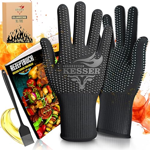 KESSER® Grillhandschuhe XXL, auch für Topf und Kamin, hitzebeständig bis 500°, atmungsaktiv, rutschfester Griff, Aramid-Gewebe, maschinenwaschbar,inkl. Rezeptbuch & Kochpinsel, Größe XL-XXL, Anthrazit von KESSER