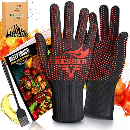 KESSER® Grillhandschuhe hitzebeständig bis 500° XXL | Ofenhandschuhe Atmungsaktiv & mit rutschfestem Griff | Topfhandschuhe aus Aramid-Gewebe | Kamin-Handschuh Maschinenwaschbar | XL-XXL | Rot von KESSER