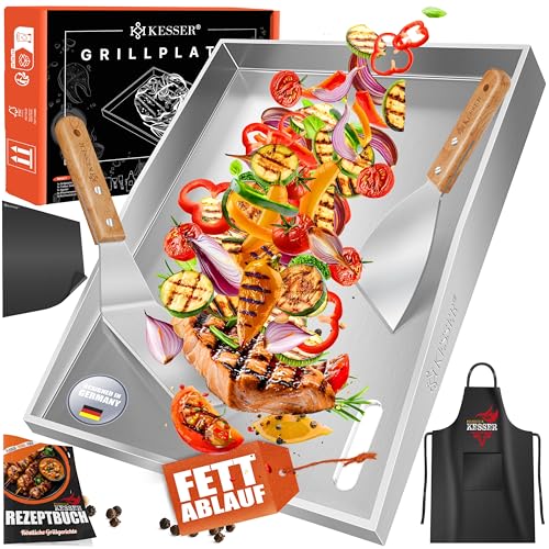 KESSER® Grillplatte Plancha aus Edelstahl 40x30cm rostfrei mit Fettablauf, hitzebeständig bis 800°C & Spülmaschinenfest für Gas & Holzkohlegrill inkl. 2 Spatel, Grillschürze, Grillmatte & Rezeptbuch von KESSER