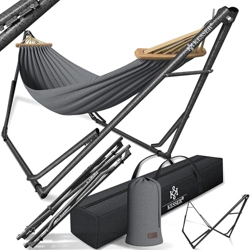 KESSER® Hängematte Vill mit Gestell Metall Faltbar verstellbar Stabiler Rahmen Indoor & Outdoor Mit Tragetasche + Beutel Hängesessel Hängemattengestell Camping Garten Pool Balkon Terrasse, Grau von KESSER