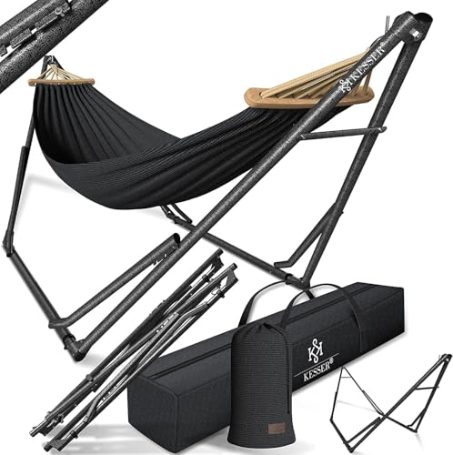 KESSER® Hängematte Vill mit Gestell Metall Faltbar verstellbar Stabiler Rahmen Indoor & Outdoor Mit Tragetasche + Beutel Hängesessel Hängemattengestell Camping Garten Pool Balkon Terrasse, Anthrazit von KESSER