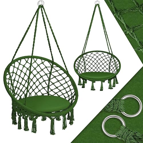 KESSER® Hängesessel 150kg mit 2 Stahlringe Sitzpolster geflochten Fransen Hängestuhl Hängekorb Schaukelkorb Garten Indoor wetterfest, wasserabweisend, Khaki von KESSER