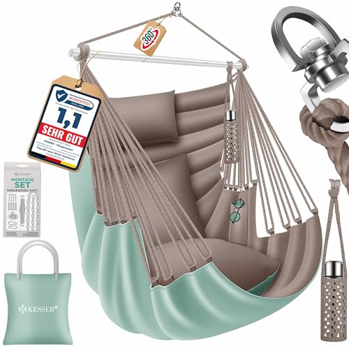 KESSER® Hängesessel Haiti 150kg Traglast, Hängestuhl 360° Drehung, Hängeschaukel Indoor-Outdoor UV-beständig & Wasserfest, Pflegeleicht, Inkl. 2 Kissen, Tragetasche, Flaschenhalter & Montage-Set von KESSER