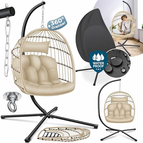 KESSER® Hängesessel Jungle mit Gestell Stahl Hängekorb Sessel Großen Kissen + Decken Halterung + Cover Hängeschaukel Hängesitz Indoor - Outdoor Schaukel Hängestuhl für Kinder und Erwachsene, Beige von KESSER