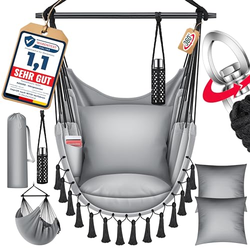 KESSER® Hängesessel Safari XXL Hängestuhl für Erwachsene & Kinder Hängematte bis 150 kg Hängesitz Aufhängung Indoor-Outdoor-Wohnen Inkl. Tragetasche, 2 Kissen, Getränkehalter & Bücherfach, Grau von KESSER