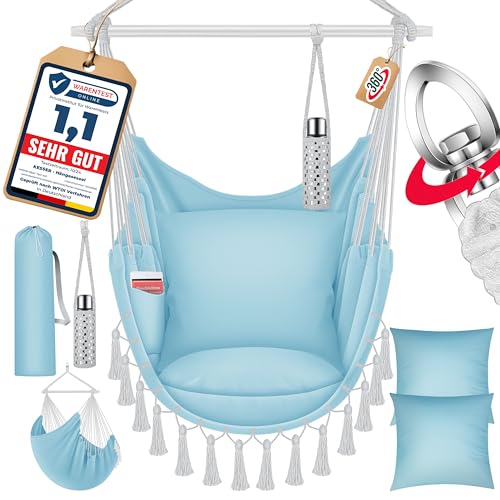 KESSER® Hängesessel Safari XXL Hängestuhl für Erwachsene & Kinder Hängematte bis 150 kg Hängesitz Aufhängung Indoor-Outdoor-Wohnen Inkl. Tragetasche, 2 Kissen, Getränkehalter & Bücherfach, Hellblau von KESSER