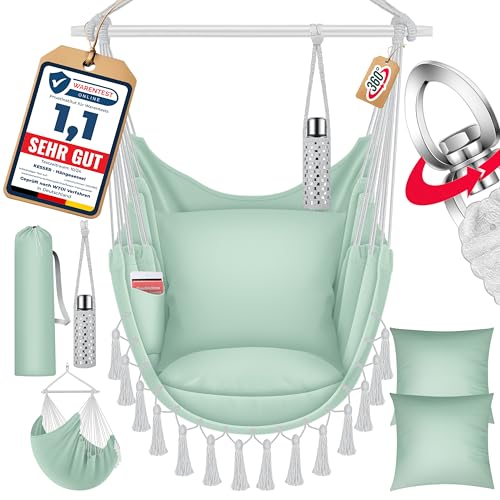 KESSER® Hängesessel Safari XXL Hängestuhl für Erwachsene & Kinder Hängematte bis 150 kg Hängesitz Aufhängung Indoor-Outdoor-Wohnen Inkl. Tragetasche, 2 Kissen, Getränkehalter & Bücherfach, Hellgrün von KESSER
