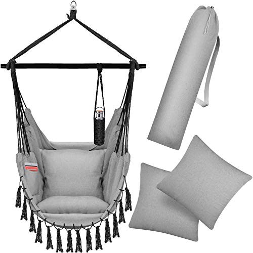 KESSER® Hängesessel mit 2 Kissen Getränkehalter & Bücherfach - Safari XXL Hängestuhl für Erwachsene & Kinder Hängematte bis 150 kg Hängesitz Aufhängung Indoor & Outdoor Wohn & Garten Terrasse Grau von KESSER