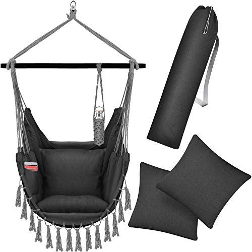 KESSER® Hängesessel mit 2 Kissen Getränkehalter & Bücherfach - Safari XXL Hängestuhl für Erwachsene & Kinder Hängematte bis 150kg Hängesitz Aufhängung Indoor & Outdoor Wohn & Garten Terrasse Anthrazit von KESSER