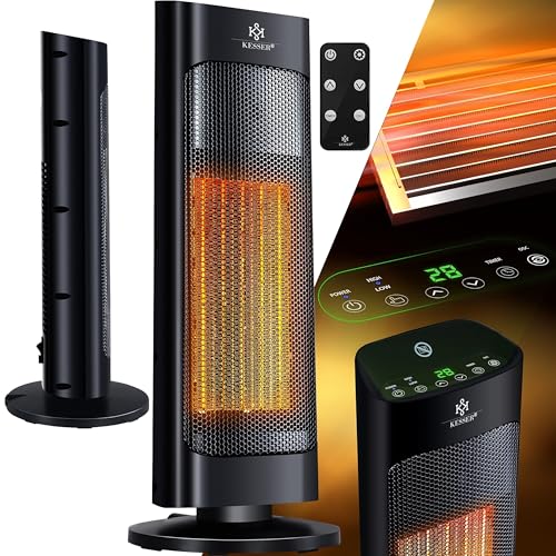 KESSER® Heizlüfter mit Fernbedienung energiesparend leise 2000W Keramik Heizstrahler Standheizstrahler 15-30°C - Schnellheizer mit 80° Oszillationsfunktion 24h Timer Heizung Turmheizstrahler, Schwarz von KESSER