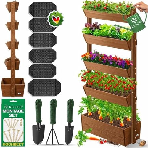 KESSER® Hochbeet mit 5 Etagen Premium Blumenkasten Blumentreppe Pflanztreppe Gemüsebeet Kräuterbeet Pflanzkübel Frühbeet Blumenbeet Pflanzkasten mit Gartenvlies - Beet inkl. Schaufelset, Braun von KESSER