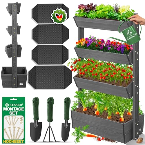 KESSER® Hochbeet mit 4 Etagen Premium Blumenkasten Blumentreppe Pflanztreppe Gemüsebeet Kräuterbeet Pflanzkübel Frühbeet Blumenbeet Pflanzkasten mit Gartenvlies - Beet inkl. Schaufelset, Anthrazit von KESSER