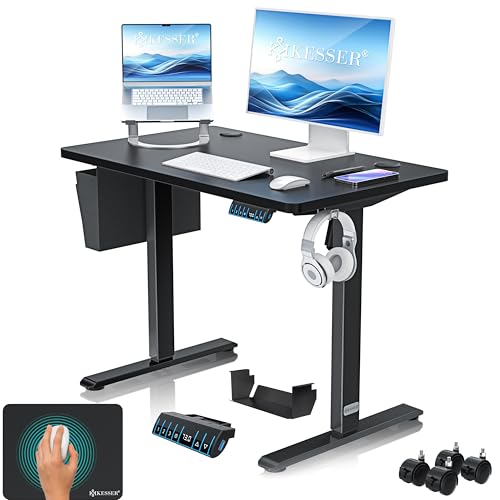 KESSER® Höhenverstellbarer Schreibtisch elektrisch 100cm x 60cm | Ergonomisch Steh-Sitz Schreibtisch | 3-Funktions-Memory Steuerung | Inkl. 360° Rollen & USB-Ladeanschluss Computertisch für Homeoffice von KESSER