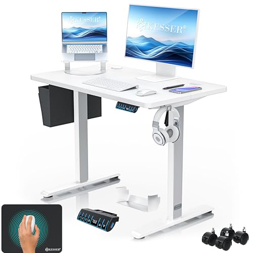 KESSER® Höhenverstellbarer Schreibtisch elektrisch 100cm x 60cm | Ergonomisch Steh-Sitz Schreibtisch | 3-Funktions-Memory Steuerung | Inkl. 360° Rollen & USB-Ladeanschluss Computertisch für Homeoffice von KESSER