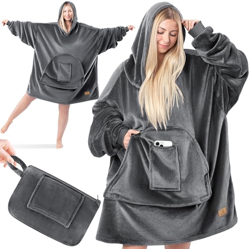 KESSER® Hoodie Decke Kuscheldecke mit Ärmeln Deckenpullover Vielseitig Tragbare Decke zum Anziehen für Damen & Herren, Sweatshirt Warm Kuschelpullover Erwachsene weich Ärmeldecke Oversize Anthrazit von KESSER