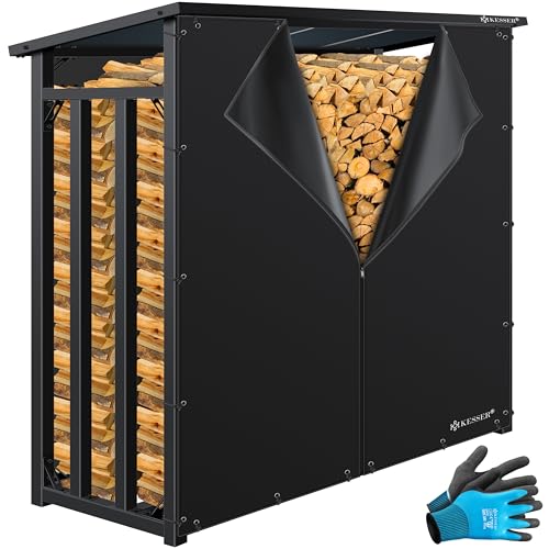 KESSER® Kaminholzregal Metall 188 x 70 x 185 cm Brennholzregal 3,3 SRM / 2,3m³ | außen Stahlrahmen + Abdeckung & Handschuhe Stapelhilfe Kaminholzlager Wasserdichter Holzlager für Garten Terrasse von KESSER