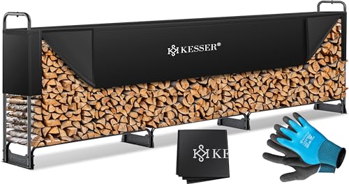 KESSER® Kaminholzregal Metall 390x36x117cm Brennholzregal außen Stahlrahmen + Abdeckung & Handschuhe Kaminholzunterstand 590kg Wasserdichter Holzlager Holzstapelhilfe für Garten Terrasse von KESSER