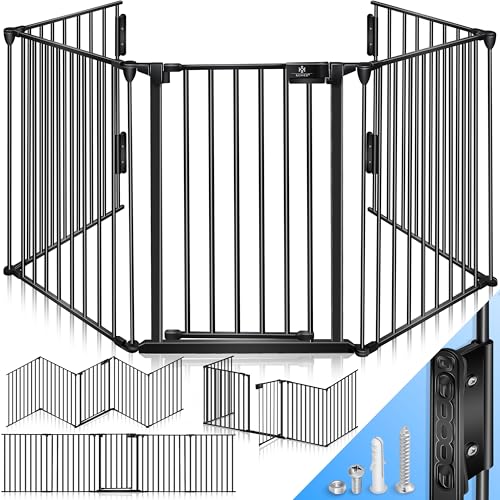 KESSER® Kaminschutzgitter mit Tür 360 cm Metall Ofenschutzgitter Laufgitter Laufstall Absperrgitter Tierschutzgitter Türschutzgitter für Kinder-Sicherung, 6-teilig Elemente (je 60 x 75 cm) Schwarz von KESSER