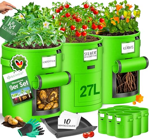 KESSER® Kartoffel-Pflanzsack 9-Set 27L | Kartoffel-Pflanzbeutel aus Vlies mit Namensschildern | Pflanztasche mit Fenster & Griffen | Kartoffelpflanzgefäß waschbar mit Handschuhen & Arbeitsmatte Grün von KESSER