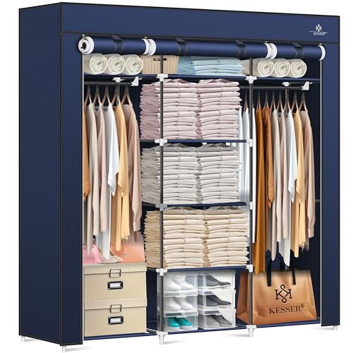 KESSER® Kleiderschrank Stoffschrank Stabil mit Kleiderstange & Ablagen, Inkl. 5X Kleiderbügel, Stoff Faltschrank für Schlafzimmer, Ankleidezimmer Garderobe mit Kleiderständer 150x45x175cm Navyblau von KESSER