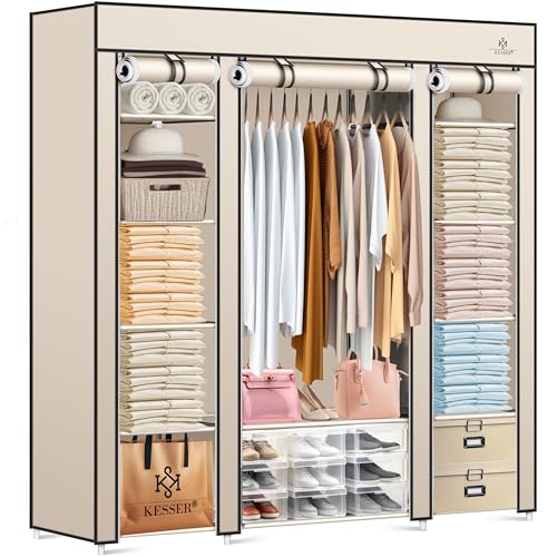 KESSER® Kleiderschrank Stoffschrank Stabil mit Kleiderstange & Ablagen, Inkl. 5X Kleiderbügel, Stoff Faltschrank für Schlafzimmer, Ankleidezimmer Garderobe mit Kleiderständer 150x45x175cm Beige von KESSER