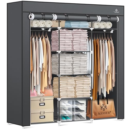 KESSER® Kleiderschrank Stoffschrank Stabil mit Kleiderstange & Ablagen, Inkl. 5X Kleiderbügel, Stoff Faltschrank für Schlafzimmer, Ankleidezimmer Garderobe mit Kleiderständer 150x45x175cm Anthrazit von KESSER