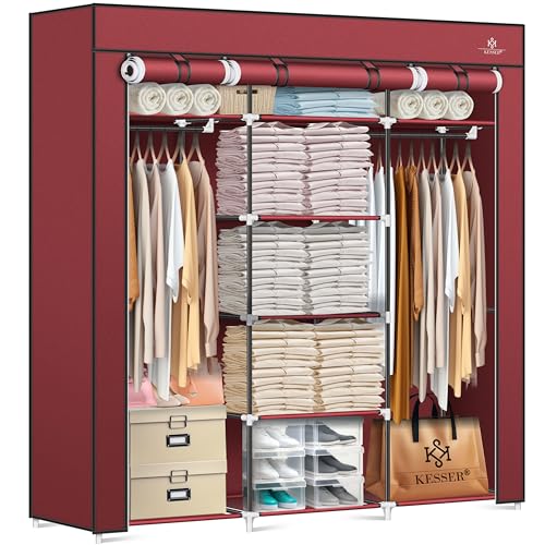 KESSER® Kleiderschrank Stoffschrank Stabil mit Kleiderstange & Ablagen, Inkl. 5x Kleiderbügel, Stoff Faltschrank für Schlafzimmer, Ankleidezimmer Garderobe mit Kleiderständer 150x45x175cm Bordeaux Rot von KESSER