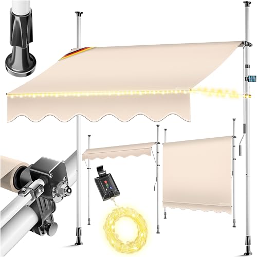KESSER® Klemmmarkise mit Handkurbel & LED Lichterkette | Balkonmarkise ohne Bohren | Markise UV-beständig höhenverstellbar & wasserabweisend | Sonnenschutz für Balkon Terrasse & Garten 350cm von KESSER