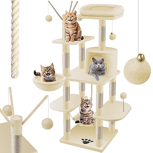 LOVPET® Kratzbaum XXL Katzenbaum Kletterbaum, mit Hängematte, Sisalstämmen, Stabil, Höhle, Spielbälle, Spielsisal & Spielseil, Höhe 149cm, mit vielen Kuschel- und Spielmöglichkeiten (Beige) von KESSER