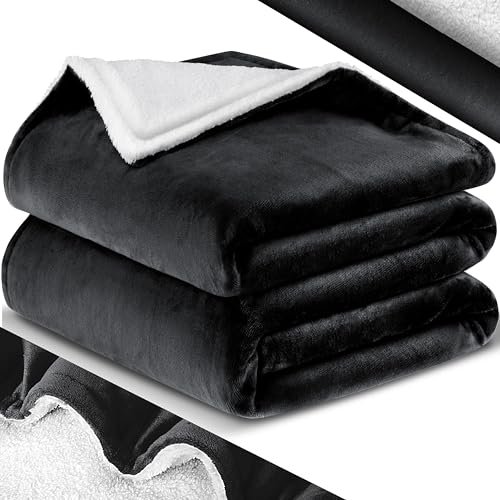 KESSER® Kuscheldecke Flauschige Sherpa Extra Weich & Warm Wohndecke Flanell Fleecedecke, Falten beständig/Anti-verfärben als Couchdecke Sofadecke oder Bettüberwurf, 220 cm x 240 cm (XXL) Schwarz von KESSER