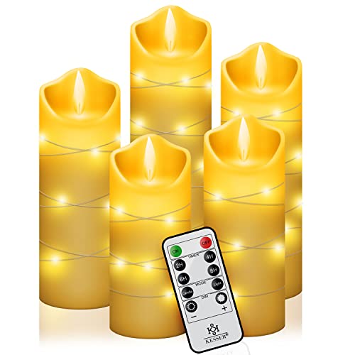 KESSER® LED Kerzen 5er Set Flammenlose Kerze Timerfunktion Timer Echtwachskerze 13cm 14cm 15cm 17cm 19cm Hoch Realistisch Flackernde Flacker-Licht Led-Flammen Echtwachs Deko Traditionell von KESSER