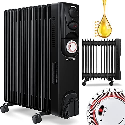 KESSER® Ölradiator Elektrische Heizung mit 13 Rippen 2500W Öl Radiator Elektroheizung Mobil Timer Lüfter Abschaltautomatik stufenlose Temperaturregelung Überhitzungsschutz, Zwangsluft Schwarz von KESSER