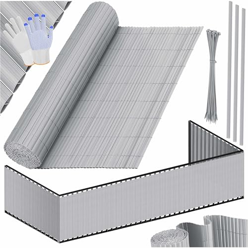 KESSER® PVC Sichtschutzmatte Sichtschutzzaun 120x400cm Balkonverkleidung Windschutz verstärkte Lamellen für Garten Balkon & Terrasse Balkonumrandung inkl Kabelbindern, Abdeckung & Handschuhe Hellgrau von KESSER
