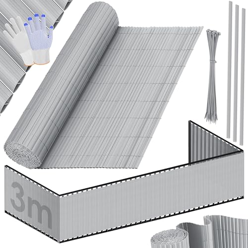 KESSER® PVC Sichtschutzmatte Sichtschutzzaun 160x300cm Balkonverkleidung Windschutz verstärkte Lamellen für Garten Balkon & Terrasse Balkonumrandung inkl Kabelbindern, Abdeckung & Handschuhe Hellgrau von KESSER