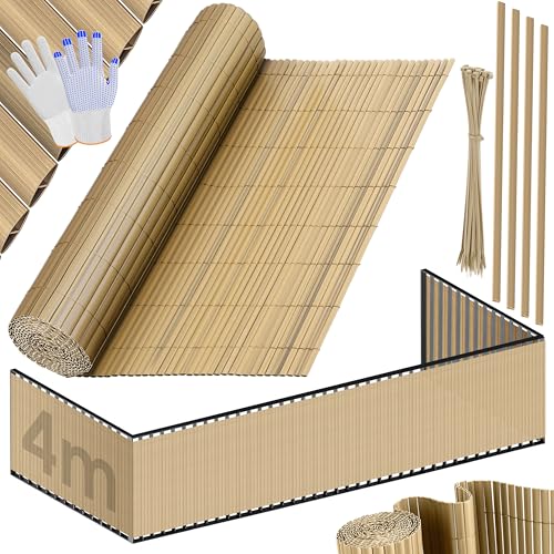 KESSER® PVC Sichtschutzmatte Sichtschutzzaun 80x400cm Balkonverkleidung Windschutz verstärkte Lamellen für Garten Balkon & Terrasse Balkonumrandung inkl Kabelbindern, Abdeckung & Handschuhe Bambus von KESSER