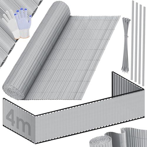 KESSER® PVC Sichtschutzmatte Sichtschutzzaun 80x400cm Balkonverkleidung Windschutz verstärkte Lamellen für Garten Balkon & Terrasse Balkonumrandung inkl Kabelbindern, Abdeckung & Handschuhe Hellgrau von KESSER