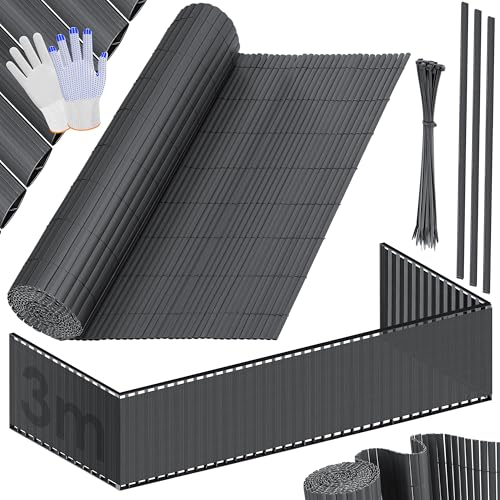 KESSER® PVC Sichtschutzmatte Sichtschutzzaun 90x300cm Balkonverkleidung Windschutz verstärkte Lamellen für Garten Balkon & Terrasse Balkonumrandung inkl Kabelbindern, Abdeckung & Handschuhe Anthrazit von KESSER
