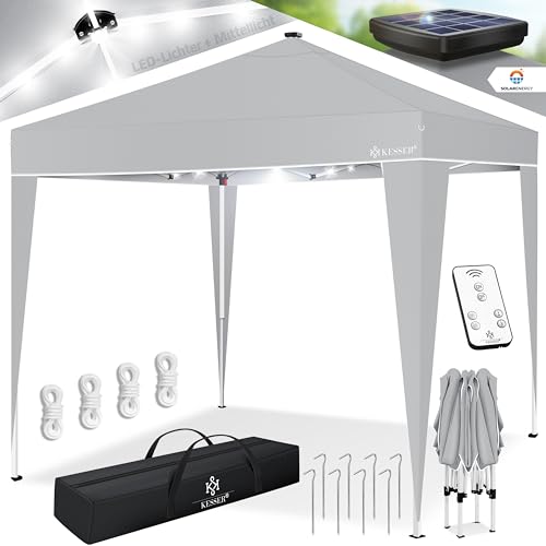 KESSER® Pavillon Faltpavillon 3x3m mit LED Beleuchtung Solar Fernbedienung | Gartenzelt Höhenverstellbar & Wasserdicht + Tasche Bodenanker | Pop-Up Klicksystem UV-Schutz 50+ Partyzelt, Farbe:Hellgrau von KESSER