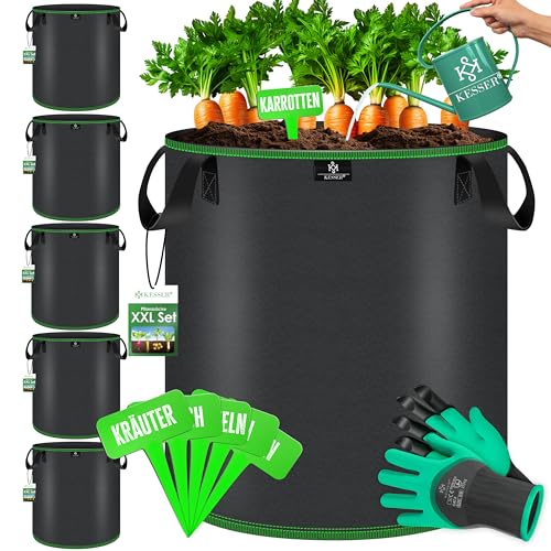 KESSER® Pflanzsack 4 Liter 5 Stück | Pflanzsäcke aus Vlies-Stoff mit Namensschildern | Kartoffel-Pflanztasche mit Fenster & Griffen | Pflanzbeutel für Gemüse Blumen Früchte Schwarz von KESSER