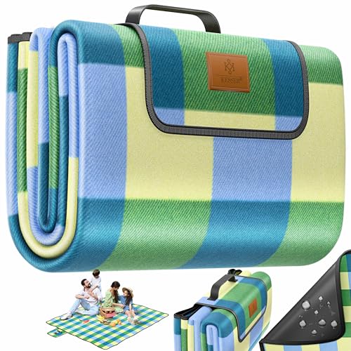 KESSER® Picknickdecke campingdecke XXL 200 x 200 cm - wärmeisoliert mit wasserdichter Unterseite mit Tragegriff Faltbare Stranddecke Picknickdecken für 4-6 Personen Waschbar Picknick Decke Blau von KESSER