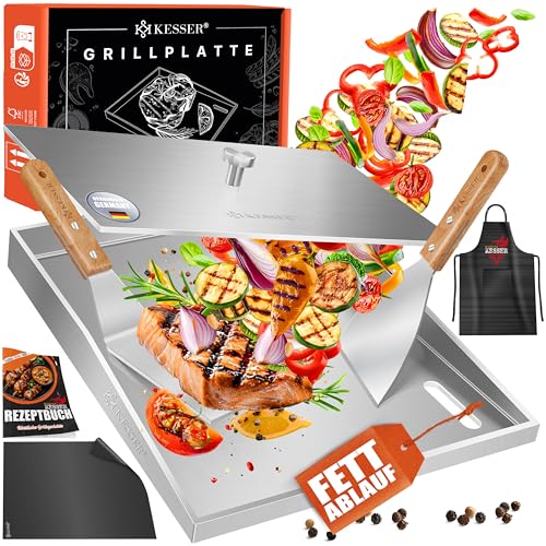 KESSER® Plancha Grillplatte Edelstahl mit Deckel & Fettablauf 40x30cm rostfrei hitzebeständig bis 800°C & Spülmaschinenfest für Gas & Holzkohlegrill mit 2 Spatel, Grillschürze, Grillmatte & Rezeptbuch von KESSER