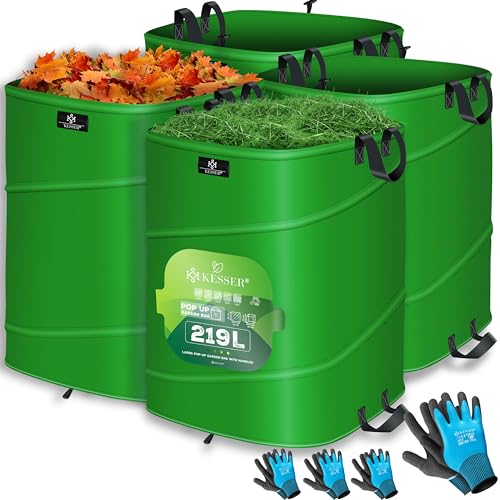 KESSER® Pop-Up-Gartensack 4X 219L Set Laubsack Gartenabfallsack inkl. Handschuhe | Selbststehend mit Griffen Stabil Robust & Faltbar | Laubsäcke Rasenschnitt Gartensäcke für Gartenabfälle Grünschnitt von KESSER